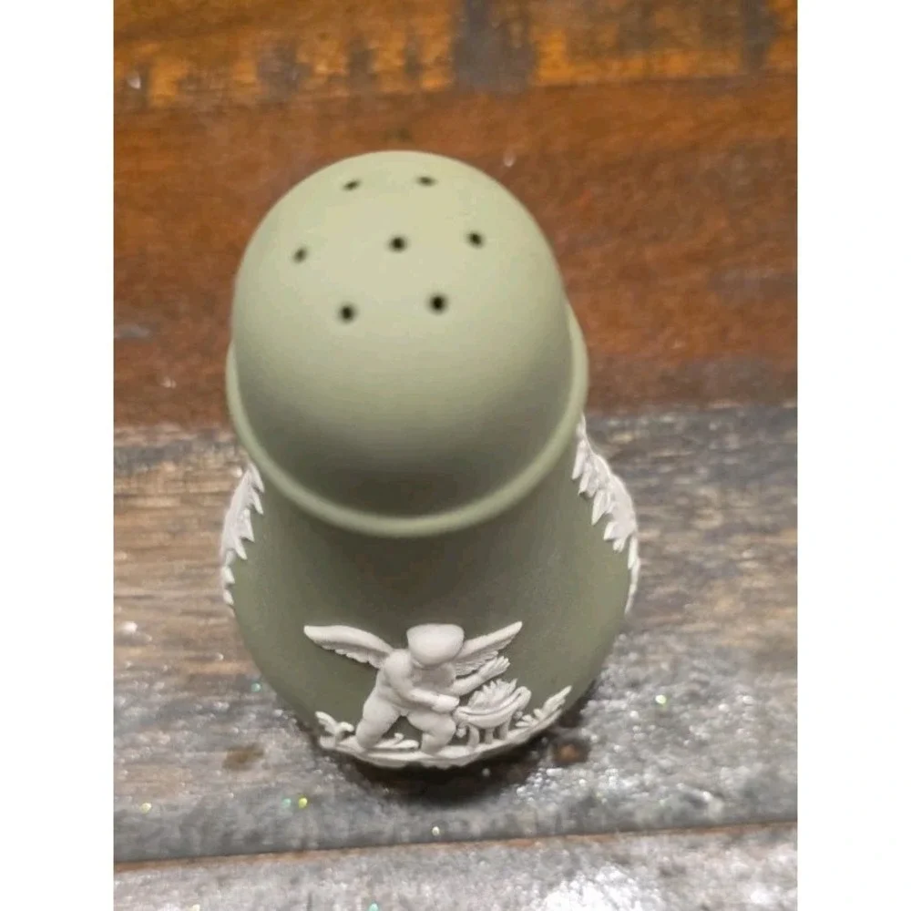 Vintage Wedgwood Jasperware Sage Green Salt & Pepper Shaker Set Cherub England